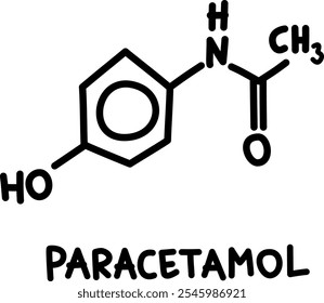 Fórmula química estrutural desenhada à mão de paracetamol ou paracetaminofeno, medicamento analgésico usado para reduzir a dor leve e a febre. Fórmula química C8H9NO2.