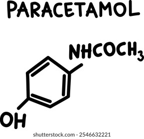 Fórmula química estrutural desenhada à mão de paracetamol ou paracetaminofeno, medicamento analgésico usado para reduzir a dor leve e a febre. Fórmula química C8H9NO2.