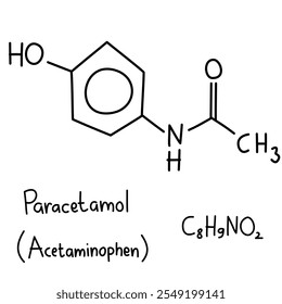 Fórmula química estrutural desenhada à mão de paracetamol ou paracetaminofeno, medicamento analgésico usado para reduzir a dor leve e a febre. Fórmula química C8H9NO2.