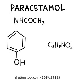 Fórmula química estrutural desenhada à mão de paracetamol ou paracetaminofeno, medicamento analgésico usado para reduzir a dor leve e a febre. Fórmula química C8H9NO2.