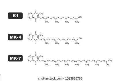 Hand drawn chemical structure of vitamin K1 and K2 (Menachinon-4, MK-4 and Menachinon-7, MK-7)
