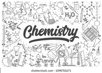 Hand Drawn Chemistry Doodle Set. Lettering - Chemistry