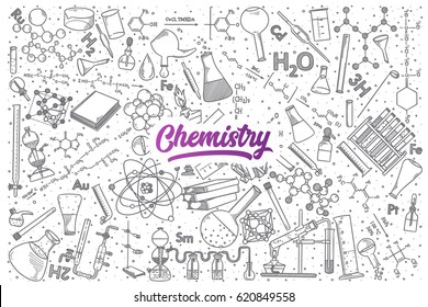 Hand Drawn Chemistry Doodle Set Background With Purple Lettering In Vector