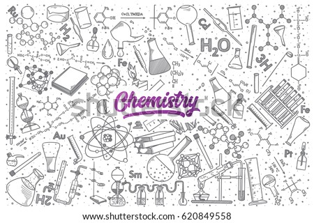 Hand drawn Chemistry doodle set background with purple lettering in vector