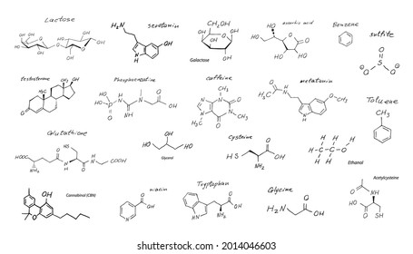 Handgezeichnete chemische Formel Rezepte, verschiedene chemische skelettale Strukturmodelle, Vektorgrafik