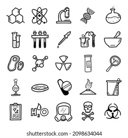 Hand drawn chemistry icon set in doodle style isolated