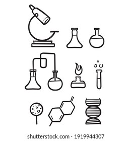 hand drawn Chemistry lab and diagrammatic icons showing assorted experiments, glassware and molecules in doodle style