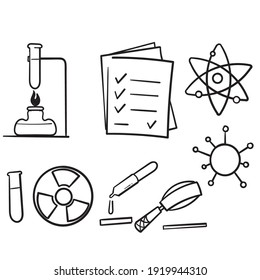 hand drawn Chemistry lab and diagrammatic icons showing assorted experiments, glassware and molecules in doodle style