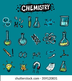 Hand Drawn Chemistry And Science Funny Icons Set.