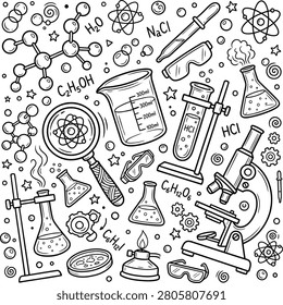 Hand drawn chemistry and science lab equipment doodle icons with test tube chemistry laboratory microscope molecule education equipment experiment research scientific analysis academic