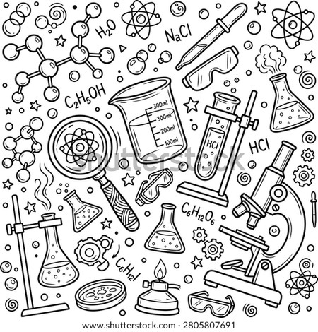Hand drawn chemistry and science lab equipment doodle icons with test tube chemistry laboratory microscope molecule education equipment experiment research scientific analysis academic