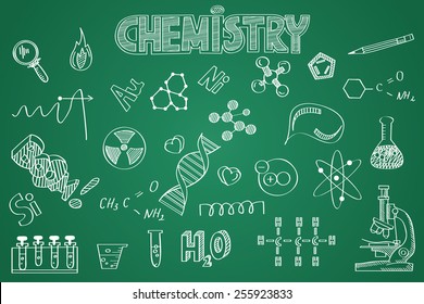 Hand drawn Chemistry set. Chalk on the blackboard 