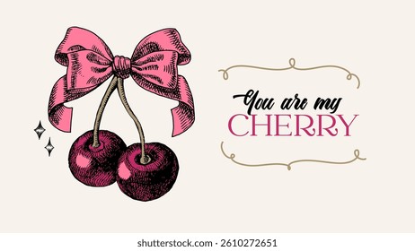 Hand drawn cherries with bow. Cute coquette style mood. Ideal for greeting cards, Valentine's Day, couple gifts. Retro sketch vector illustration. Not AI generation