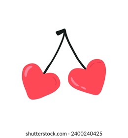 Hand drawn cherries on branch in shape of heart, cartoon flat vector illustration isolated on white background. Concepts of love and Valentines day holiday.