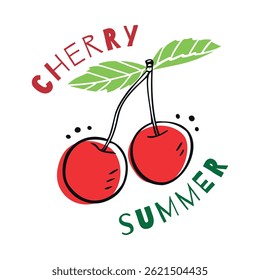 Hand drawn cherries on white background. Seasonal berries in doodle style