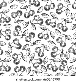 Hand drawn cherries seamless pattern - monochromic berries. Background with fruits illustration