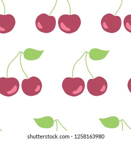 Hand drawn cherries seamless vector pattern. Illustrated cherry pairs pink and red on a green background. Great for fabric, paper, packaging, home decor, kitchen decor, flyer, bar menu, summer party