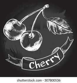 Hand drawn cherries. Vector Illustration. Poster on a blackboard.