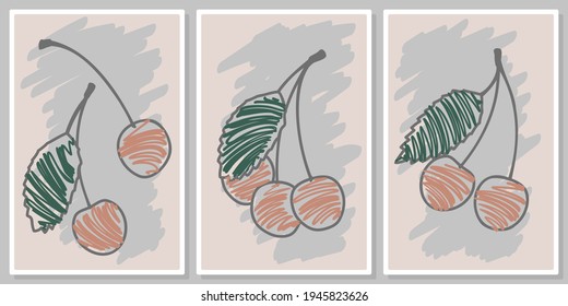 hand drawn cherries wall art vector set for wall art, poster, wallpaper, print