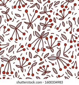 Hand drawn cherry berries and leaves isolated on white background. Summer fruit seamless pattern. Design for textile, wrapping paper, wallpaper. Vector illustration.