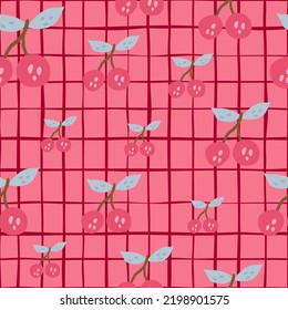 Hand drawn cherry berries and leaves seamless pattern. Hand drawn cherries wallpaper. Fruits backdrop. Design for fabric, textile print, wrapping paper, kitchen textiles, cover. Vector illustration