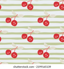 Hand drawn cherry berries and leaves seamless pattern. Hand drawn cherries wallpaper. Fruits backdrop. Design for fabric, textile print, wrapping paper, kitchen textiles, cover. Vector illustration