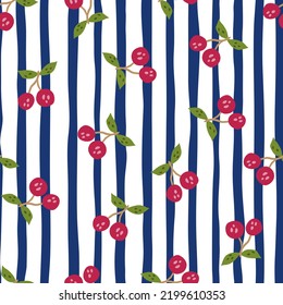 Hand drawn cherry berries and leaves seamless pattern. Hand drawn cherries wallpaper. Fruits backdrop. Design for fabric, textile print, wrapping paper, kitchen textiles, cover. Vector illustration