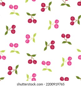 Hand drawn cherry berries and leaves seamless pattern. Hand drawn cherries wallpaper. Fruits backdrop. Design for fabric, textile print, wrapping paper, kitchen textiles, cover. Vector illustration