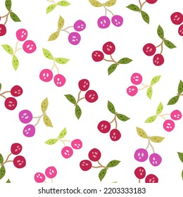Hand drawn cherry berries and leaves seamless pattern. Hand drawn cherries wallpaper. Fruits backdrop. Design for fabric, textile print, wrapping paper, kitchen textiles, cover. Vector illustration