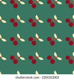 Fresas de cerezo dibujadas a mano y hojas patrón sin fisuras. Papel pintado de cerezas dibujado a mano. Fondo de frutas. Diseño para tela, imprenta textil, papel envolvente, productos textiles de cocina, cubierta. Ilustración del vector