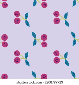 Hand drawn cherry berries and leaves seamless pattern. Hand drawn cherries wallpaper. Fruits backdrop. Design for fabric, textile print, wrapping paper, kitchen textiles, cover. Vector illustration