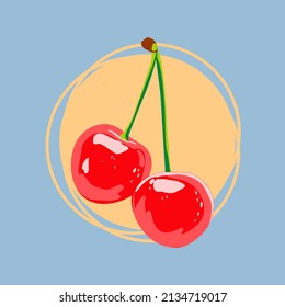 Hand drawn cherry,  berry. Vector  colored illustration. Juicy natural fruit. Food healthy ingredient. For cooking, cosmetic package design, medicinal herb, treating, half care, prints.