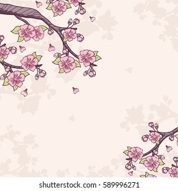 Hand Drawn Cherry Blossom Branches. 