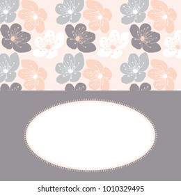 Hand drawn cherry blossom flower vector pattern card template in a gray, pink and white color palette