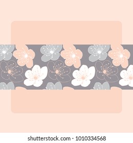 Hand drawn cherry blossom flower vector pattern stripe card template in a gray, pink and white color palette