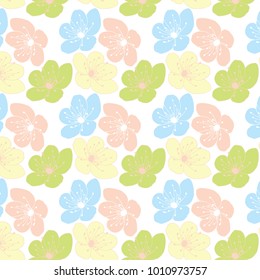 Hand drawn cherry blossom flower vector pattern in a blue, yellow, pink and gray  color palette