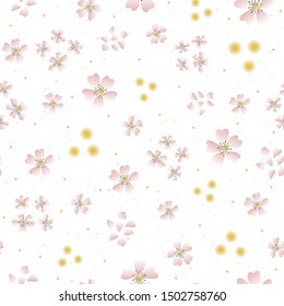 Hand drawn cherry blossom seamless pattern. Japanese spring style tossed botanical ditsy background. Soft pink neutral tones. All over print for asian home decor, fashion. Vector swatch repeat.