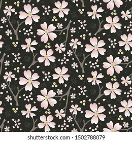 Hand drawn cherry blossom seamless pattern. Japanese sstyle tossed moody dark floral ditsy background. Soft pink neutral tones. All over print for asian home decor, fashion. Vector swatch repeat.