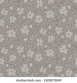 Hand drawn cherry blossom seamless pattern. Japanese spring style geo tossed floral background. Soft grey neutral tones. All over print for asian zakka garden home decor, fashion. Vector swatch repeat