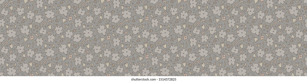 Hand drawn cherry blossom seamless border pattern. Japanese spring style geo tossed floral background. Soft grey neutral tones. Asian zakka garden ribbon trim home decor, stationery washi tape edging
