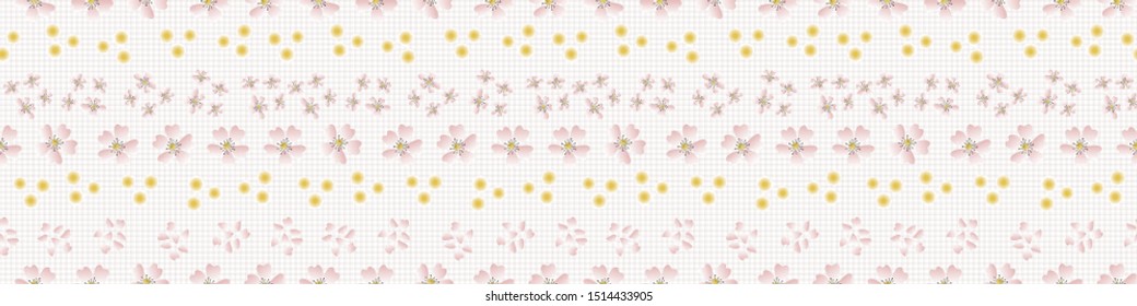 Hand drawn cherry blossom seamless border pattern. Japanese spring style geo tossed floral background. Soft grey neutral tones. Asian zakka garden ribbon trim home decor, stationery washi tape edging