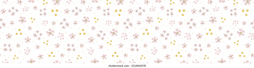 Hand drawn cherry blossom seamless border pattern. Japanese spring style geo tossed floral background. Soft grey neutral tones. Asian zakka garden ribbon trim home decor, stationery washi tape edging