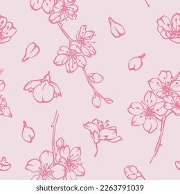 Hand drawn cherry blossom seamless pattern with flowers, buds and petals pink contour drawing on white background. Vector romantic floral print design for wedding invitation, textile, wallpaprs.