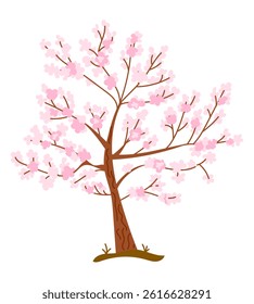 Hand drawn cherry blossom tree with pink flowers and brown branches isolated on white background. Concept of spring renewal, natural beauty and seasonal growth in an elegant floral illustration