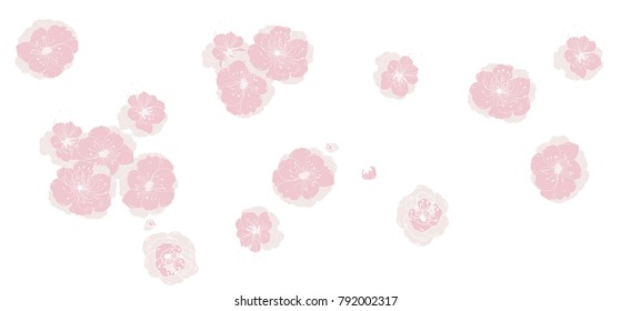  Hand drawn Cherry branches with Peach flowers, Coloring book sakura Tree isolate on white background.Cherry blossom Japanese style.