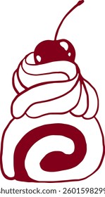 Hand drawn cherry cake roll. Retro line art.