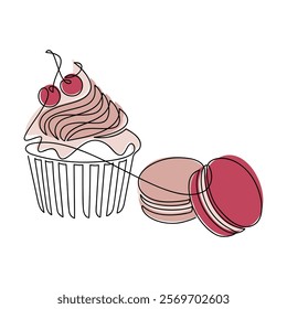 Hand drawn cherry cupcake muffin creamy cake. Dessert line continuous drawing. Linear macaroons icon. Minimal illustration, print, banner, card, logo, sign, bakery symbol, menu, poster