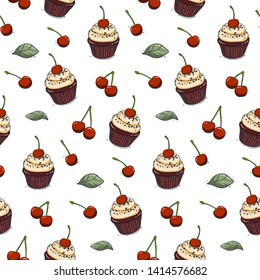 hand drawn cherry cupcake seamless pattern