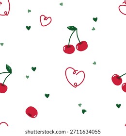 Mão desenhada Cherry Doodle padrão sem emenda com corações no fundo branco em estilo romântico bonito