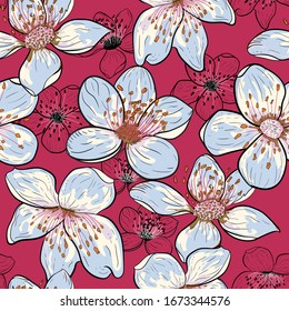 Hand drawn, cherry flowers, modern red background. Seamless vector illustration of abstract floral concept. Sakura cherry blossom. Spring flower blooming. Textile, fabric backdrop. Printable pattern.